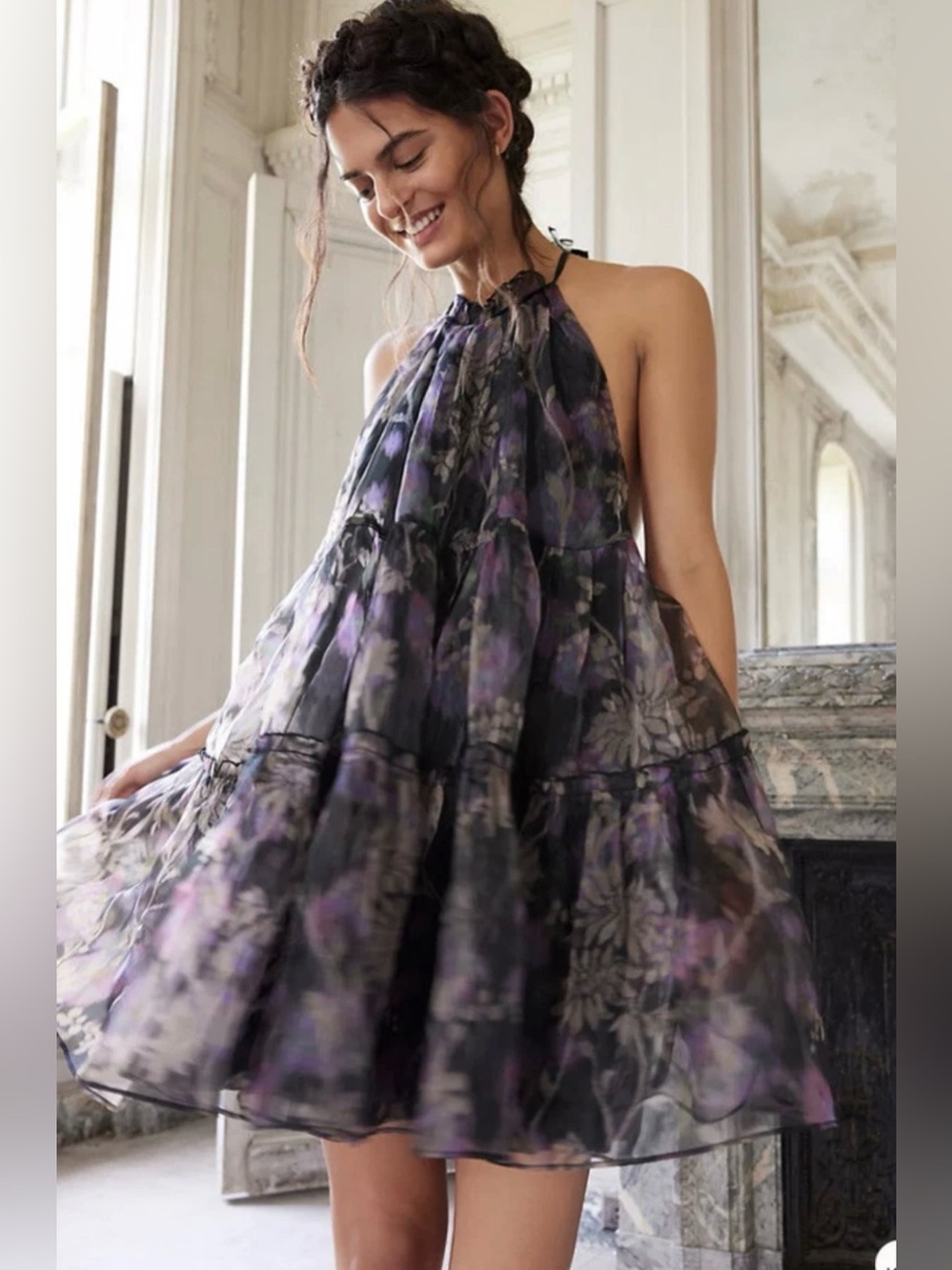 Free People Sweet Serenade Organza Halter Printed Mini Dress Large - Picture 2 of 7
